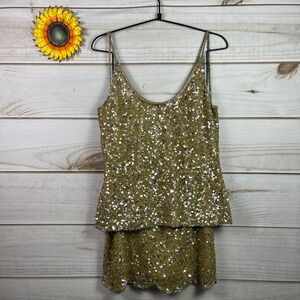 GOD SAVE LA L.A. Gold Sequin Tank Top Mini Skirt Set S Party New Year's
